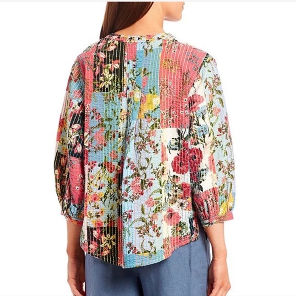 John Mark Multicolor patchwork kantha style Floral split neck 3/4 Sleeve Top - Picture 3 of 14
